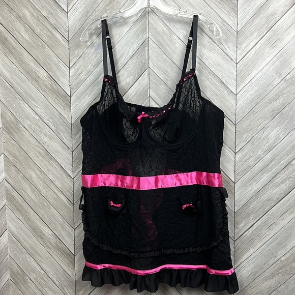 Cacique Pink Ribbon and Black Lace Babydoll Lingerie 26/28 - Picture 1 of 7